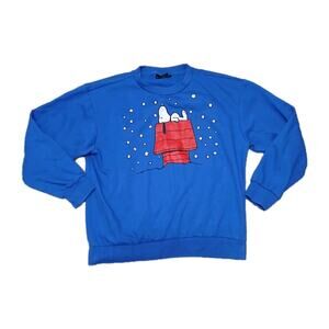 Peanuts Snoopy Snow Doghouse Sweatshirt Blue Crewneck Women’s L Winter Christmas